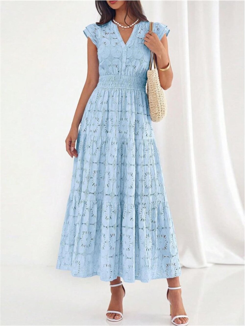 NEW - Light Blue Eyelet Lace Maxi Dress | Boho Wedding Guest & Vacation Dress - Picture 5 of 6